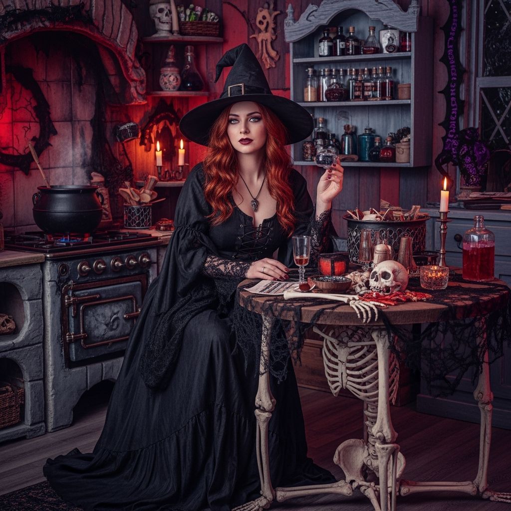 Red-Haired Witch In Detailed Lair With Skeleton Table