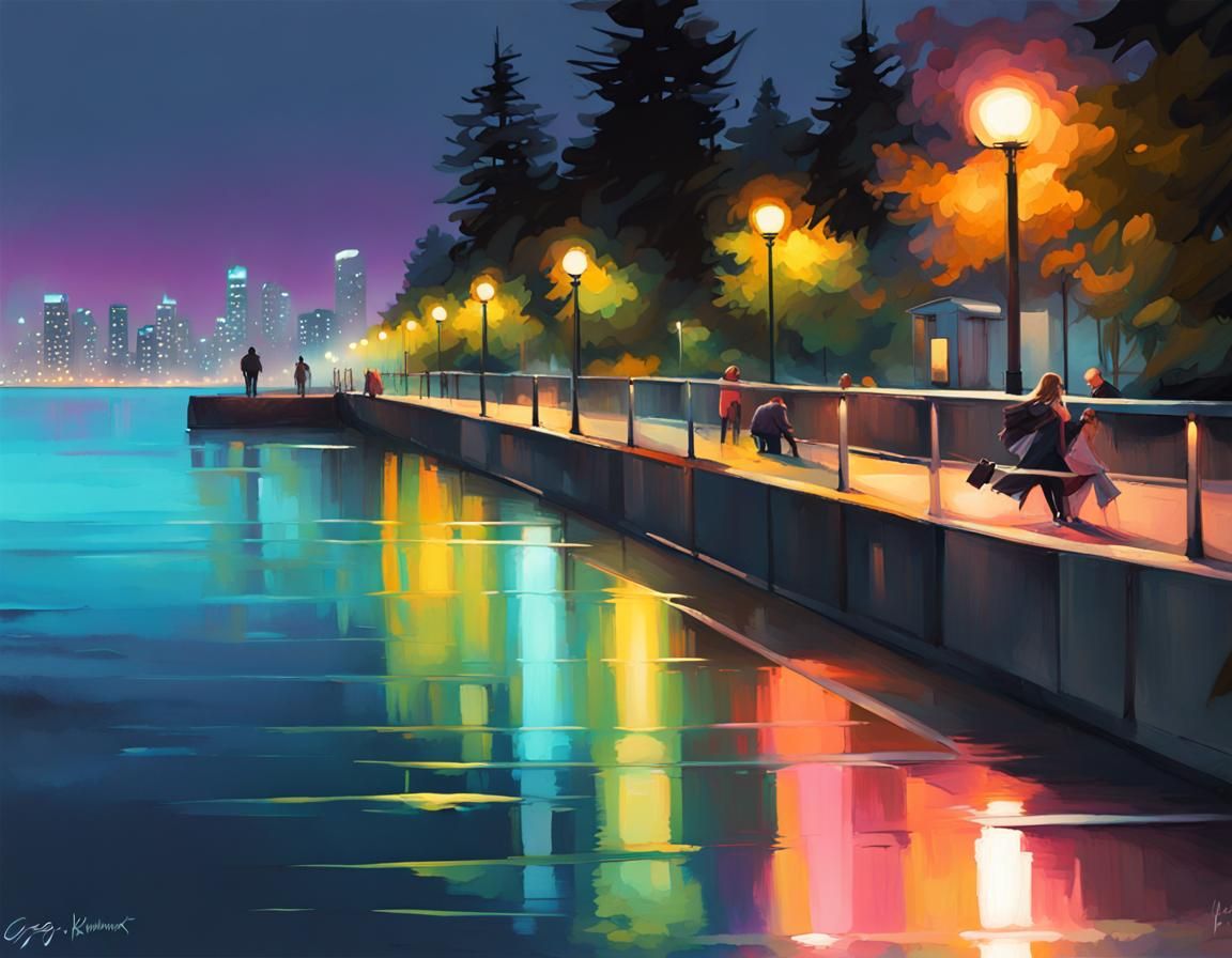 Vancouver Seawall at Night: Digital Landscape Painting