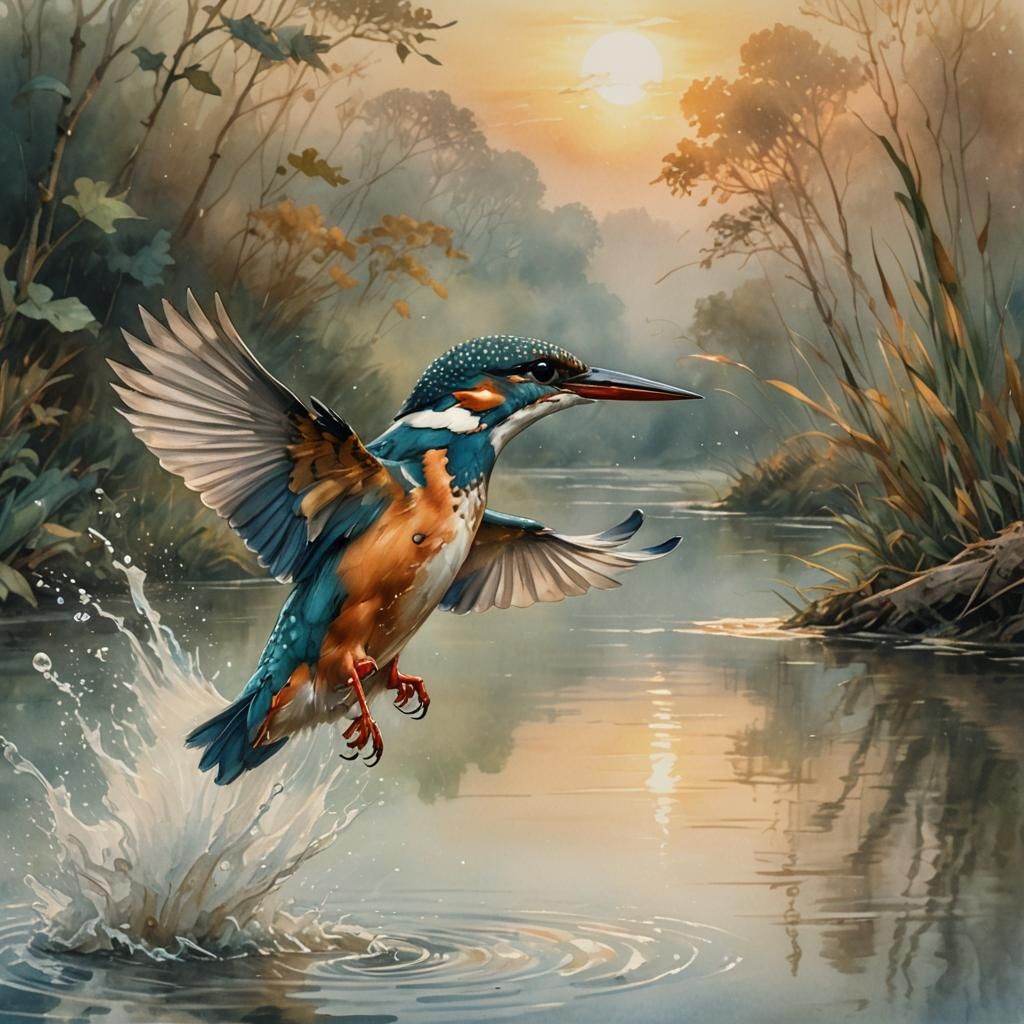 Kingfisher Hunting Above Misty River, Watercolor Style