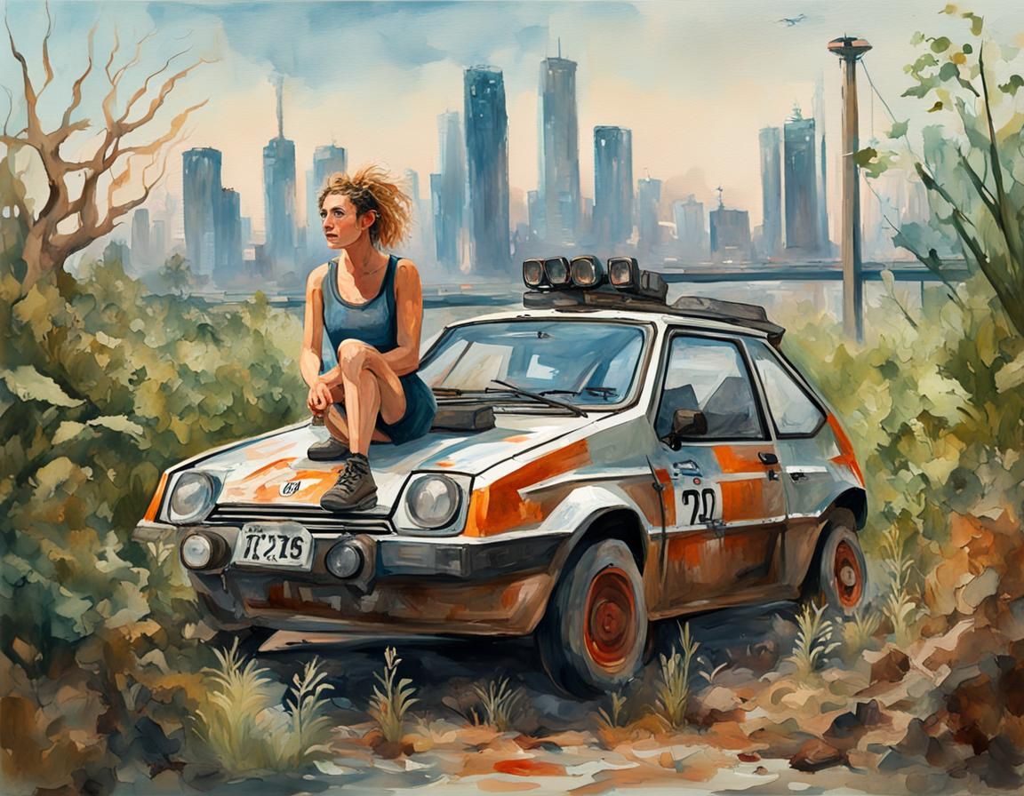 Post-Apocalyptic Rally Car in Gouache Watercolor Style