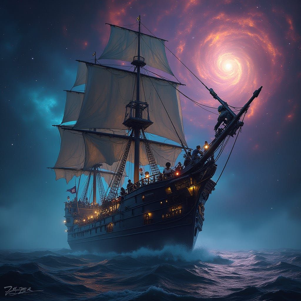 Cosmic Pirate Ship Sailing Through Nebulae