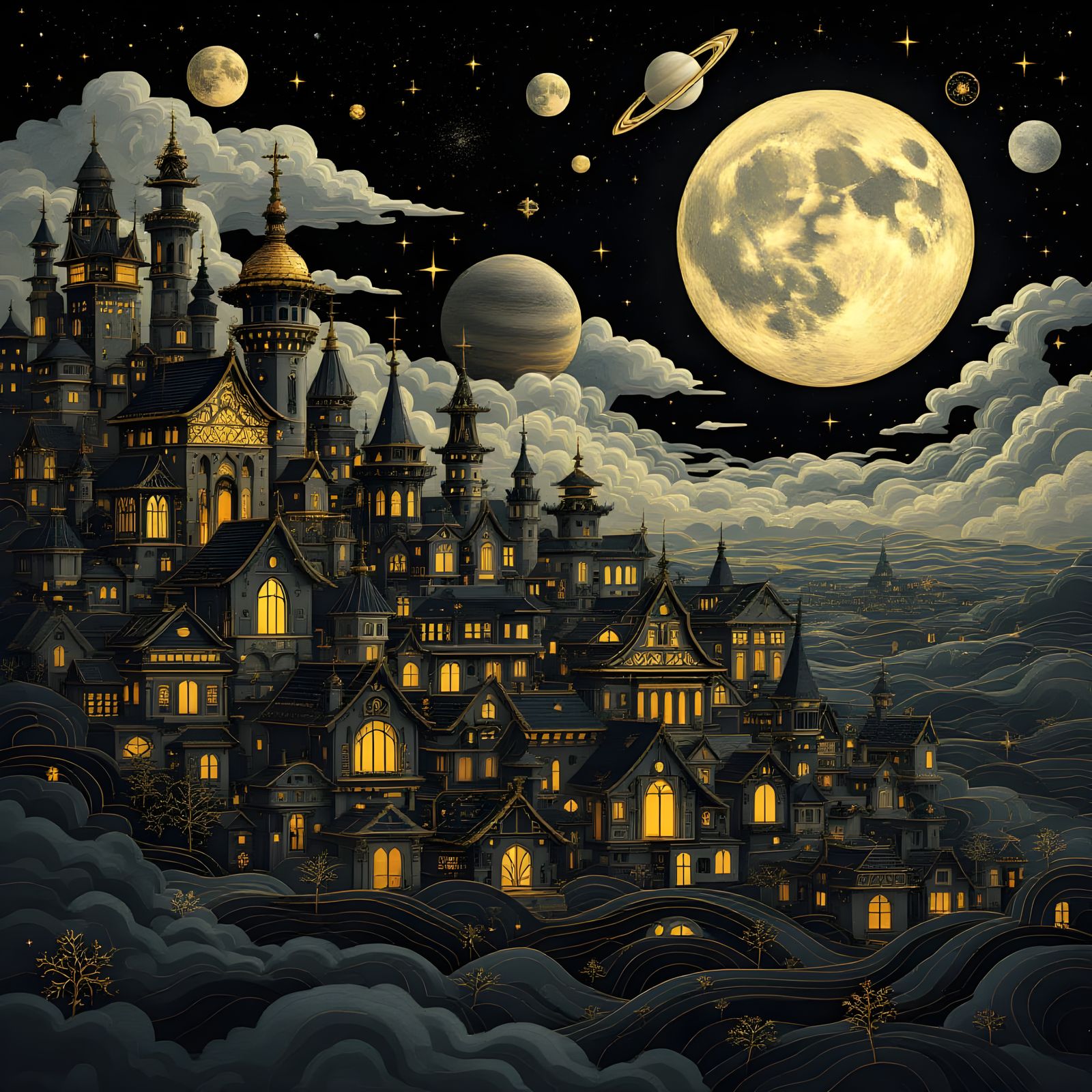 Golden Cityscape Under Starry Sky Digital Illustration