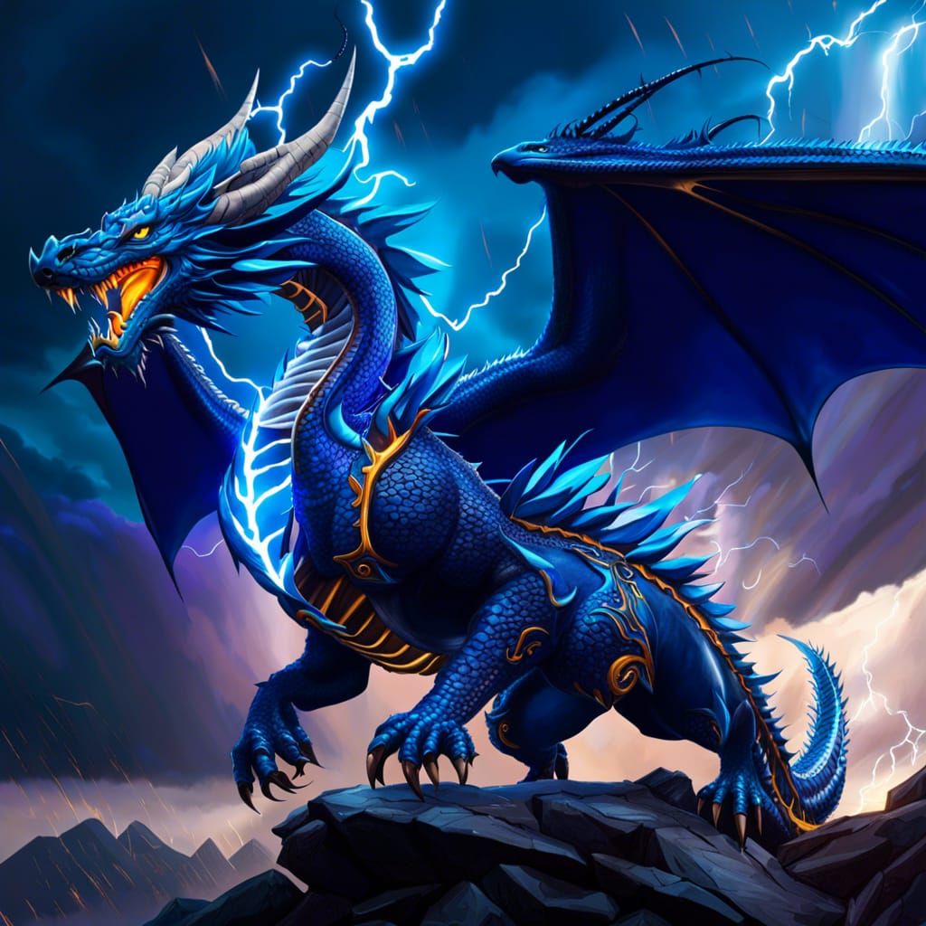 a stormy blue dragon floating in the stormy sky and spreadin...