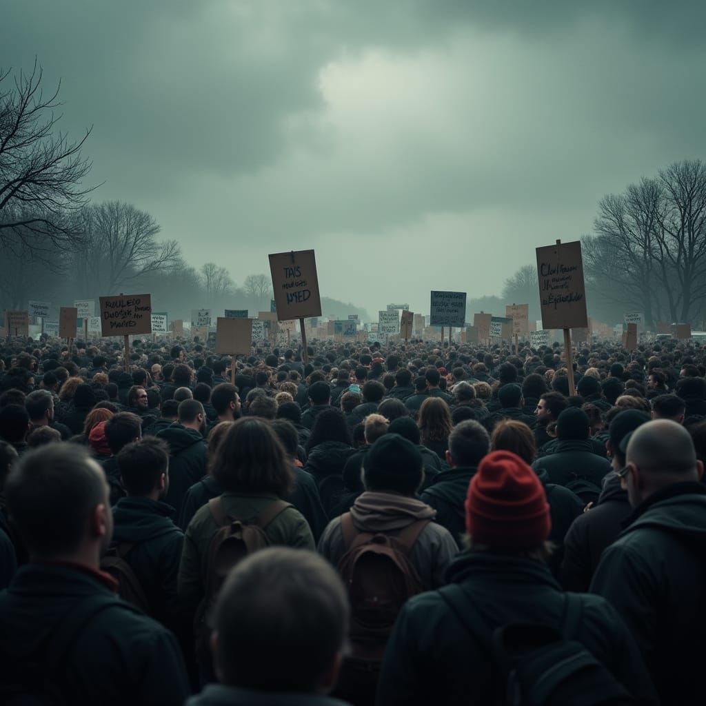Realistic Protest Scene with Massive Crowd Under Gloomy Sky