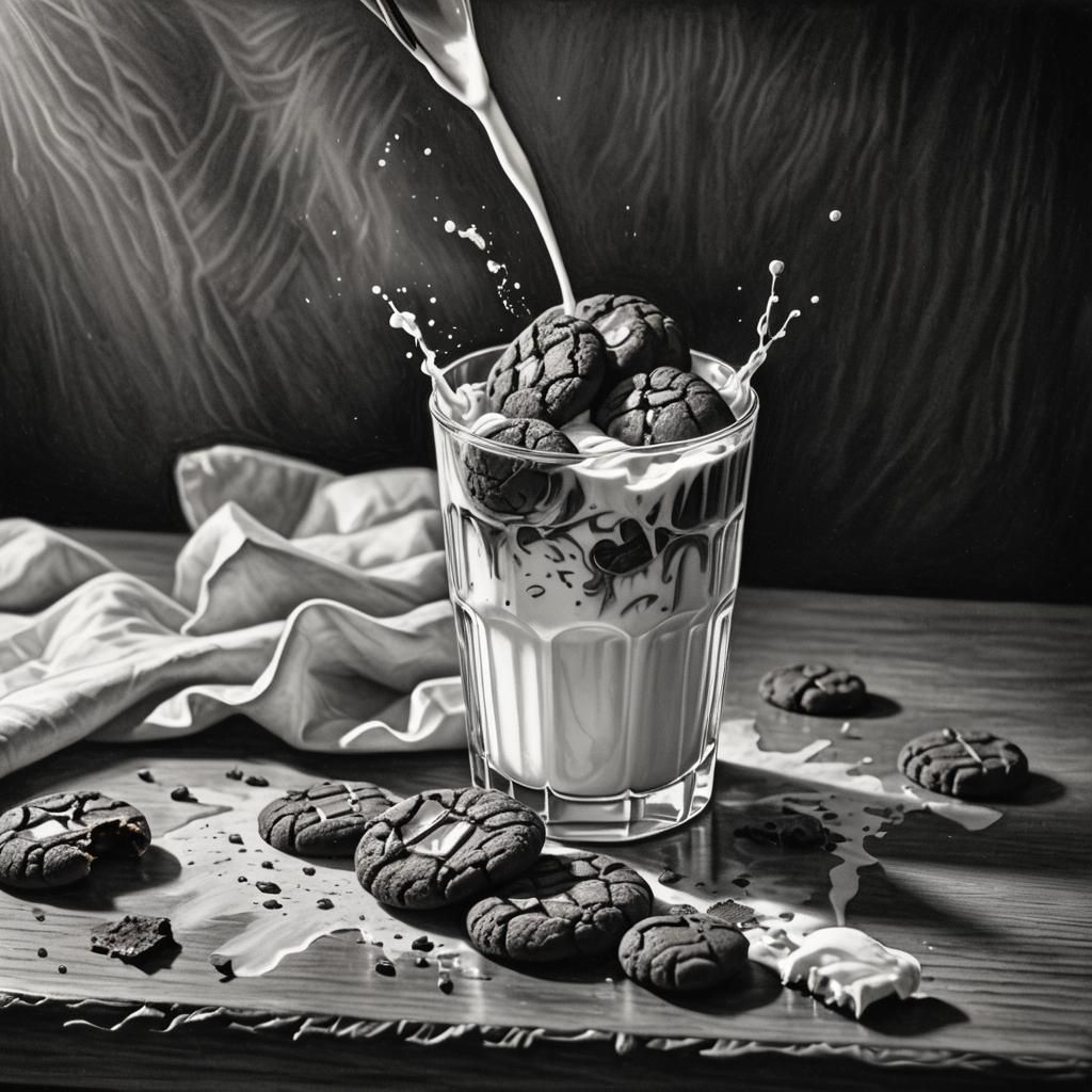 Hyperdetailed Charcoal Drawing of Cookie in Milk