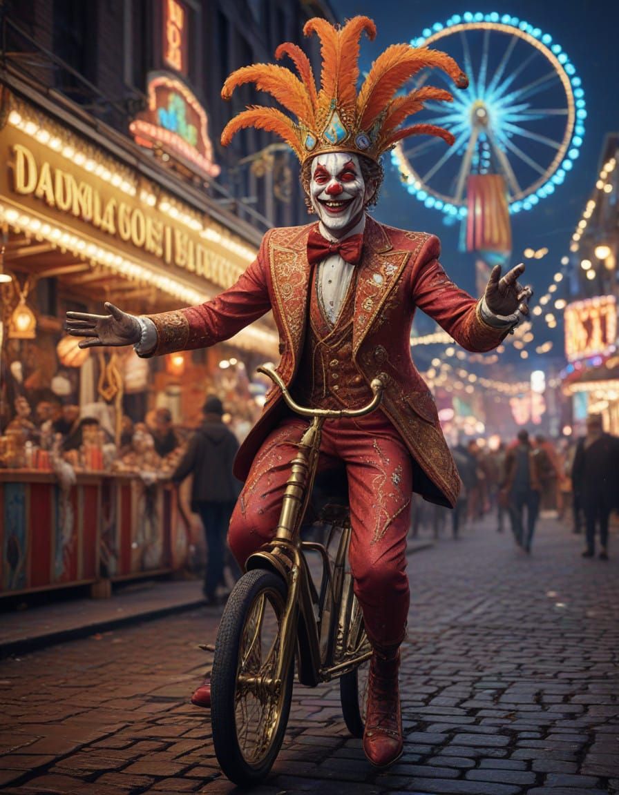 Vibrant Jester Rides Golden Unicycle in Whimsical Street Car...