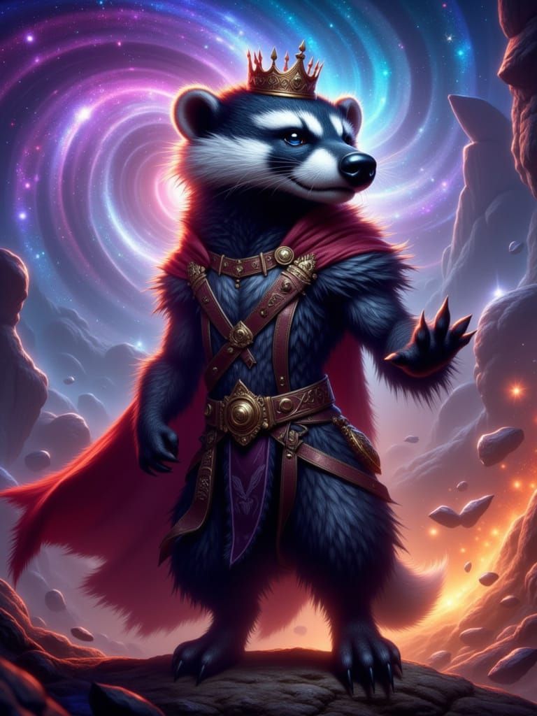 Epic Badger King in Cosmic Nebula Fantasy Art