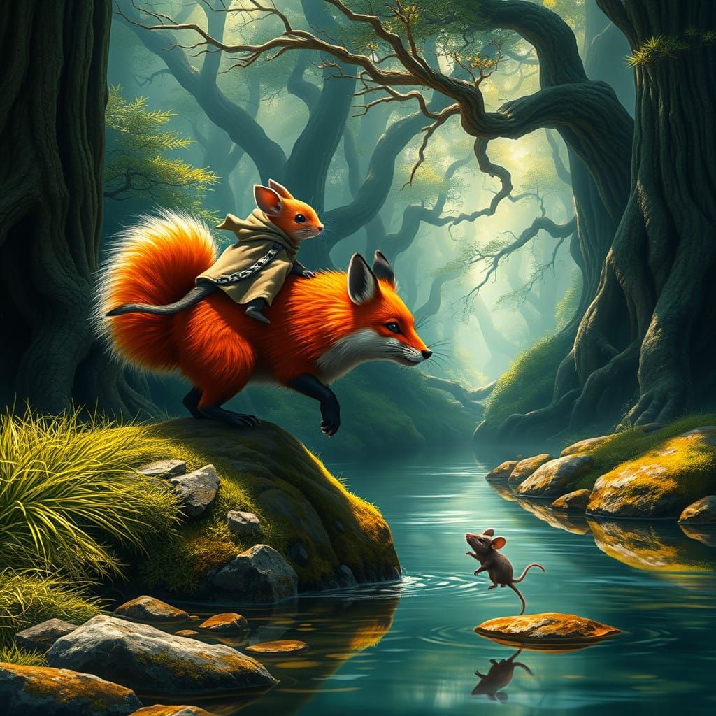 Tiny Mouse Hero Rides Majestic Fox Along Serene Mountain Str...