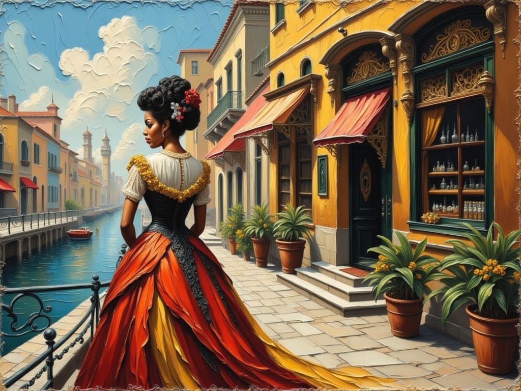 Victorian Woman in Opulent Gown by Canal
