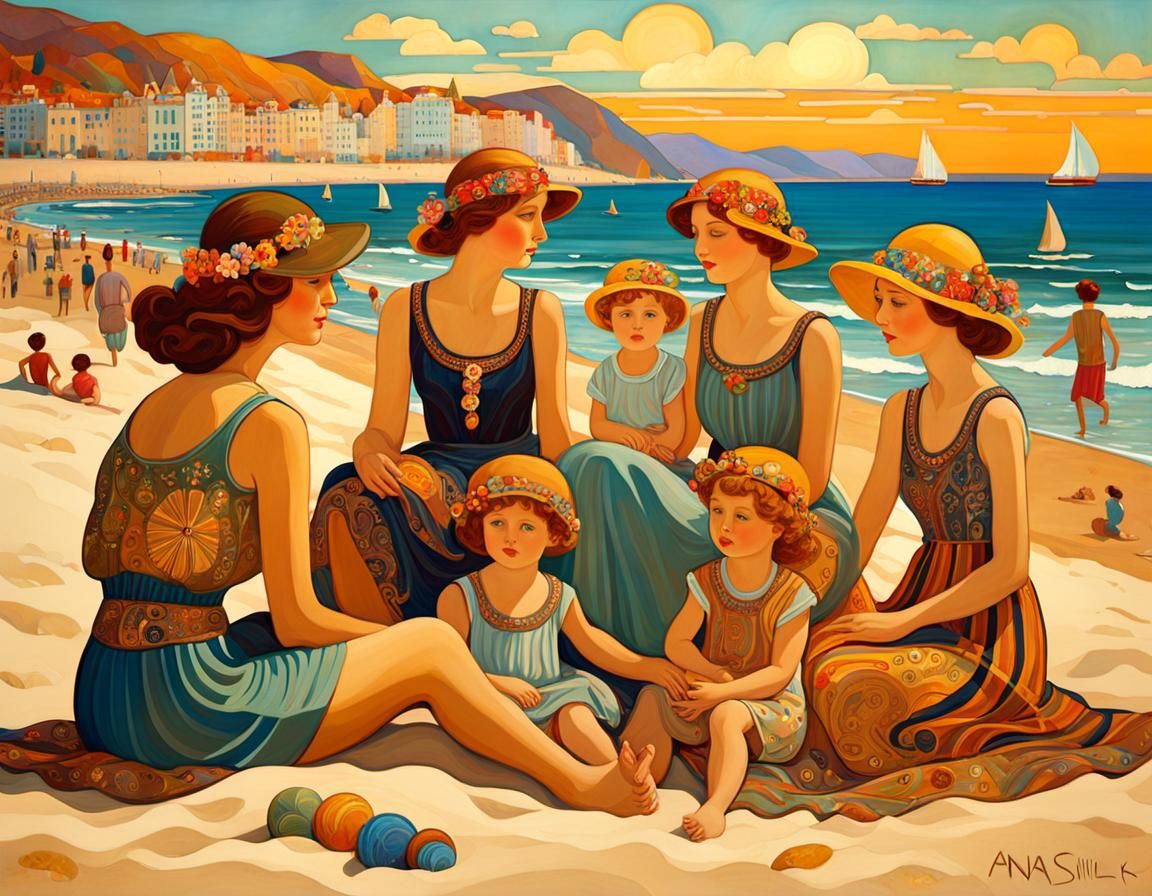 Whimsical Beach Scene in Art Nouveau Style