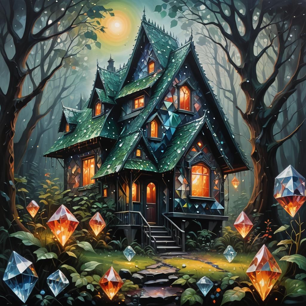 Diamond House in Misty Forest: Surreal Oil Painting