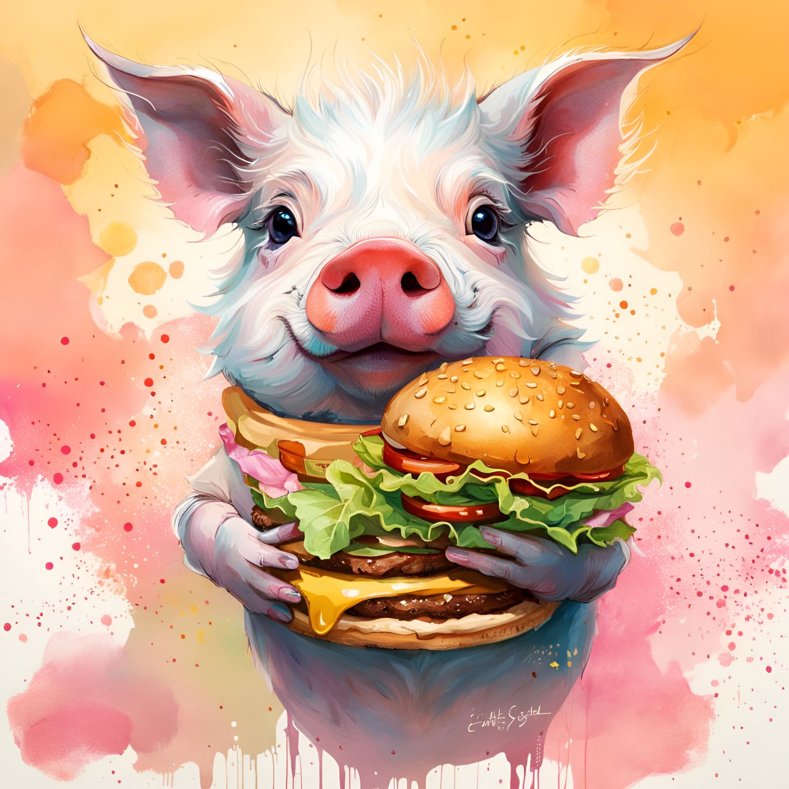 Big-Eyed Pig with Hamburger Portrait