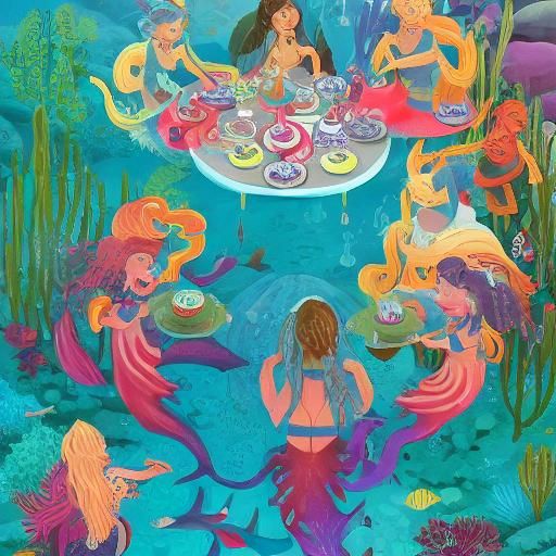 Underwater Tea Party with Mermaid Children: Colorful Illustr...