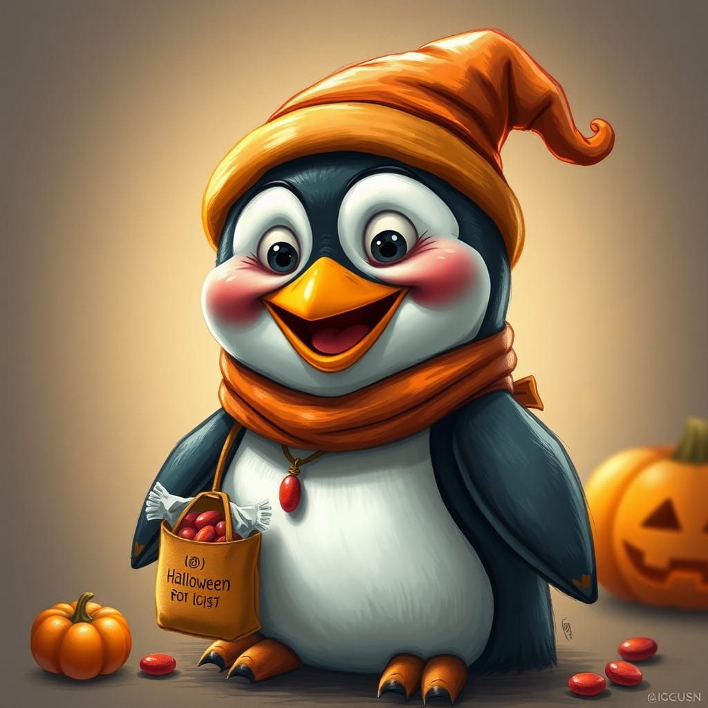 Halloween Penguin Caricature with Volumetric Lighting