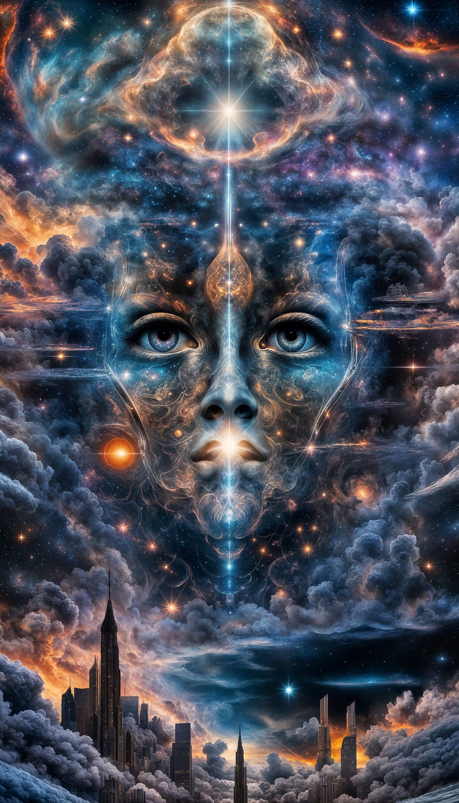 Cosmic Metropolis at Sunset with Nebula Sky