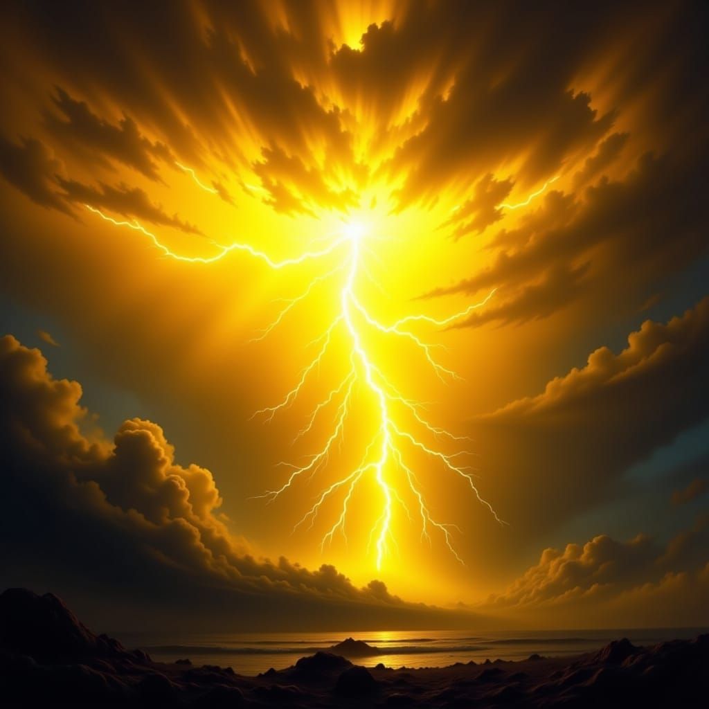 Yellow Lightning Strikes Stormy Sky in Dramatic Digital Pain...