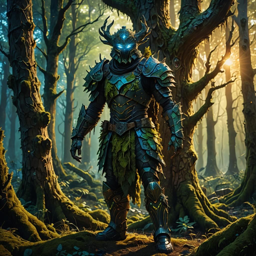 Forest Guardian in Bark Armor with Glowing Eyes