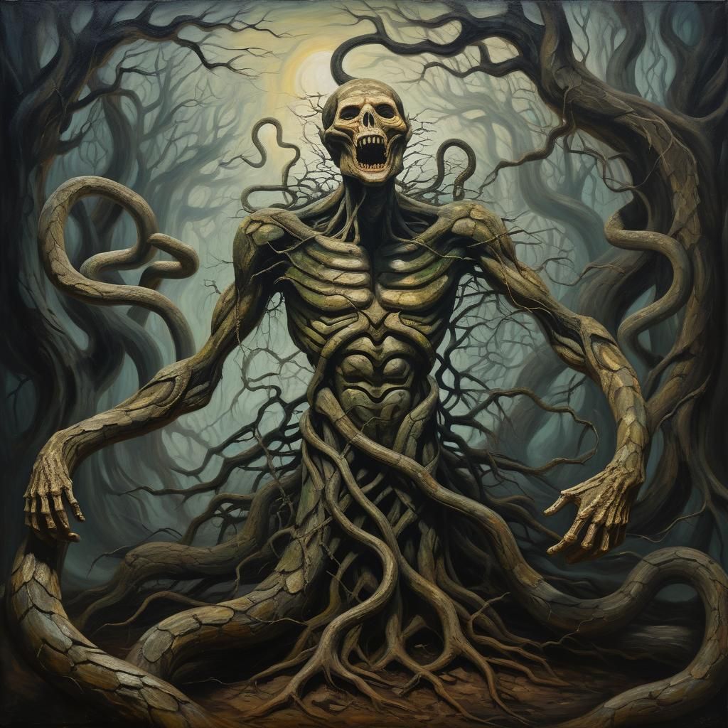 Surreal Humanoid Snake Figure in Impasto Oil Painting