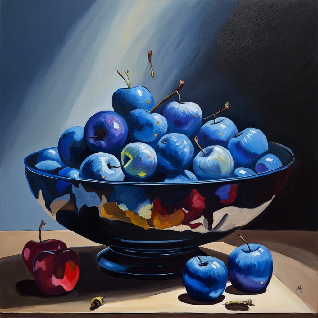 Blue Starry Apples Still Life in Impasto Style