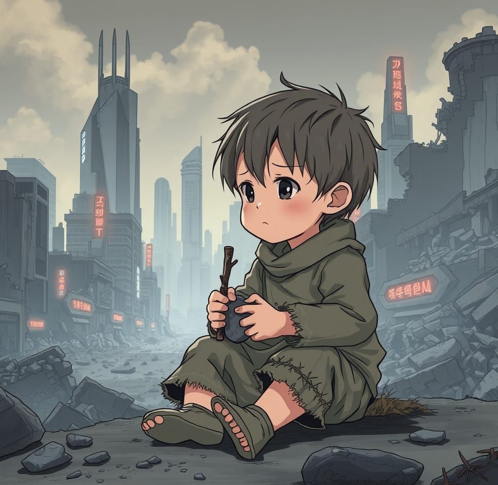 Child in Ruins: Hope Amidst Decay in Anime Style