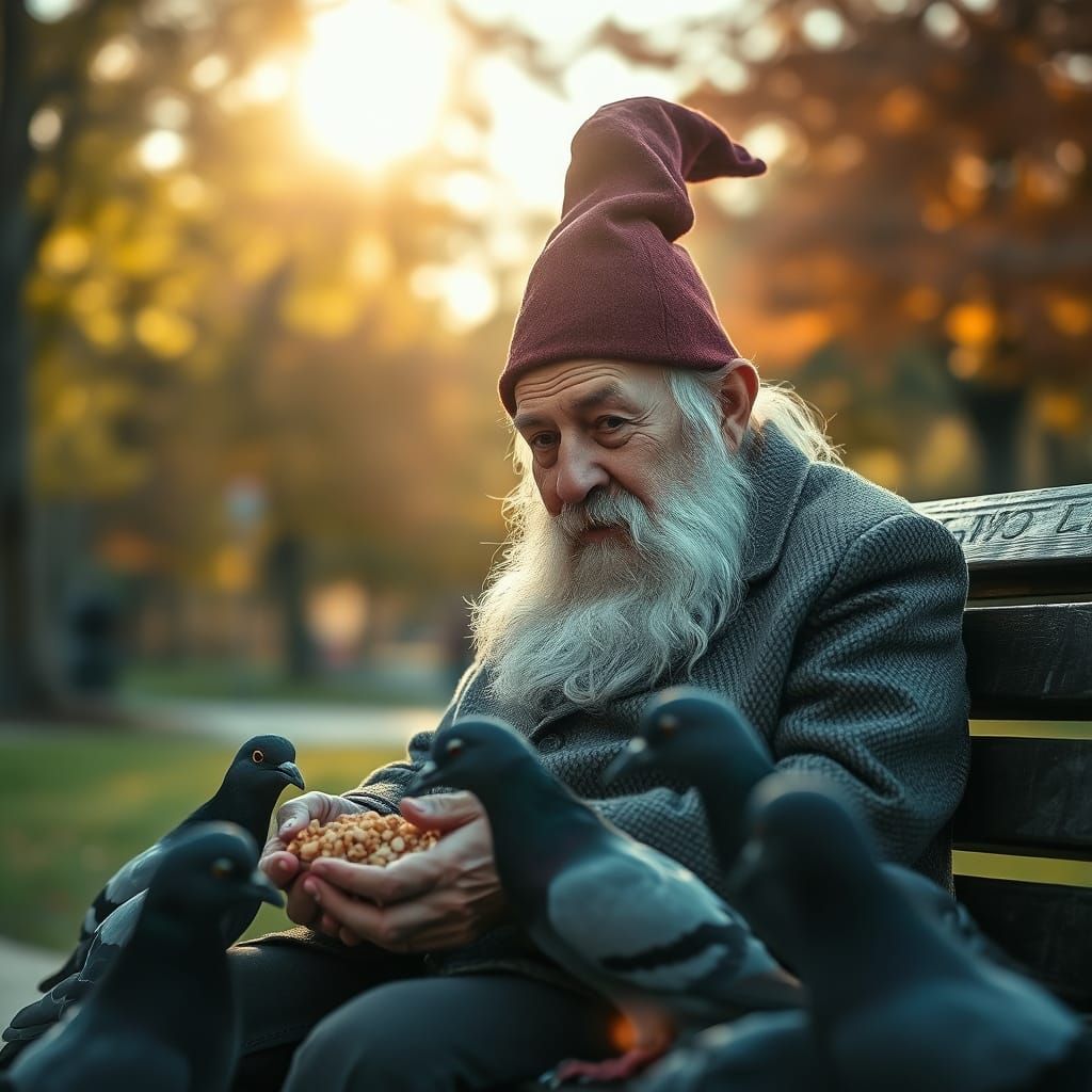 A lone, elderly gnome feeding pigeons