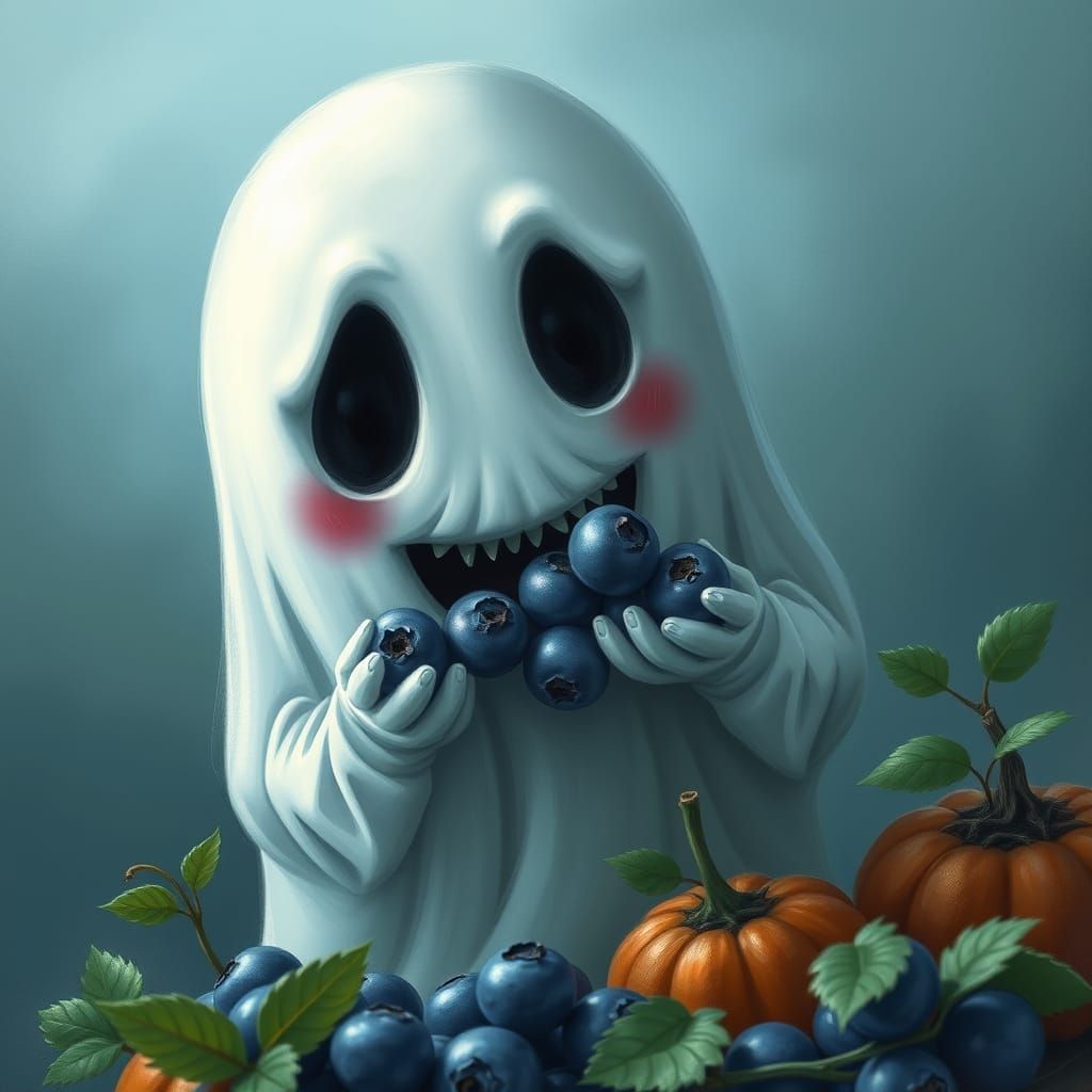 A ghost happily eating creepy-faced blueberries.