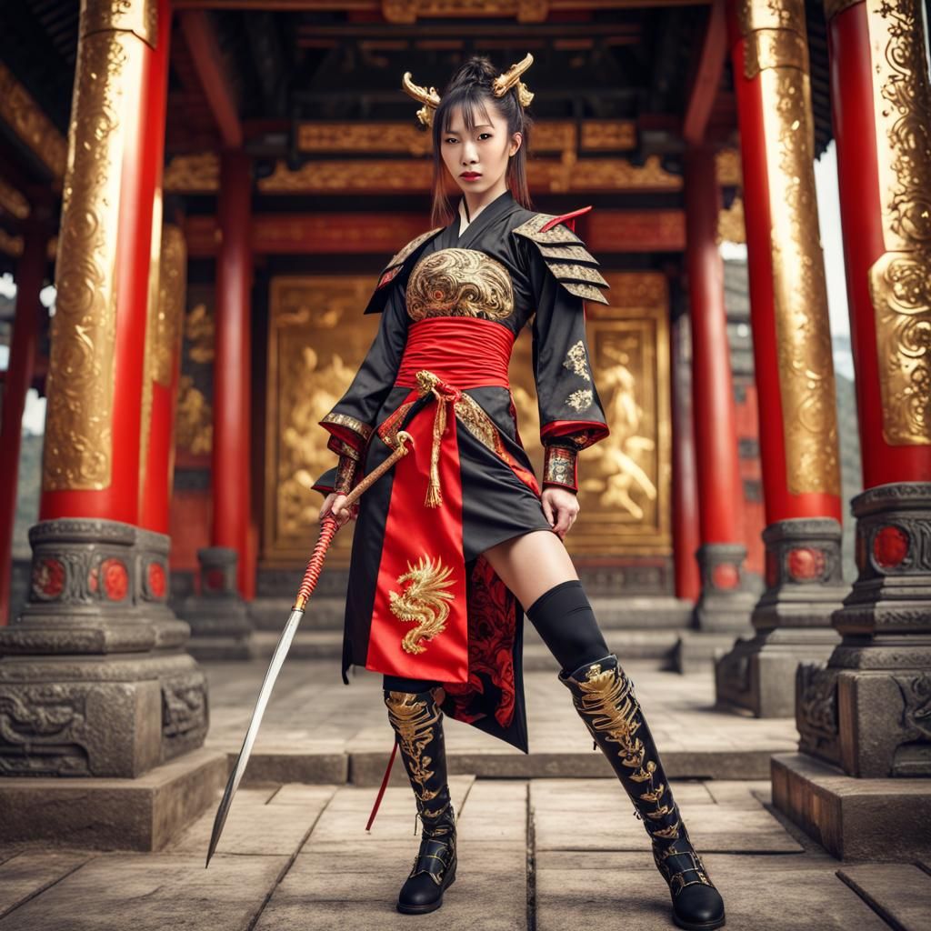 Hyperrealistic Female Samurai in Fantasy Dress