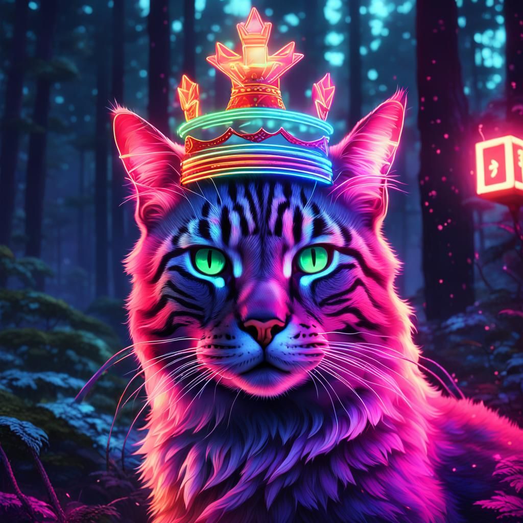 Sad Neon Cat with Crown in Retro Style