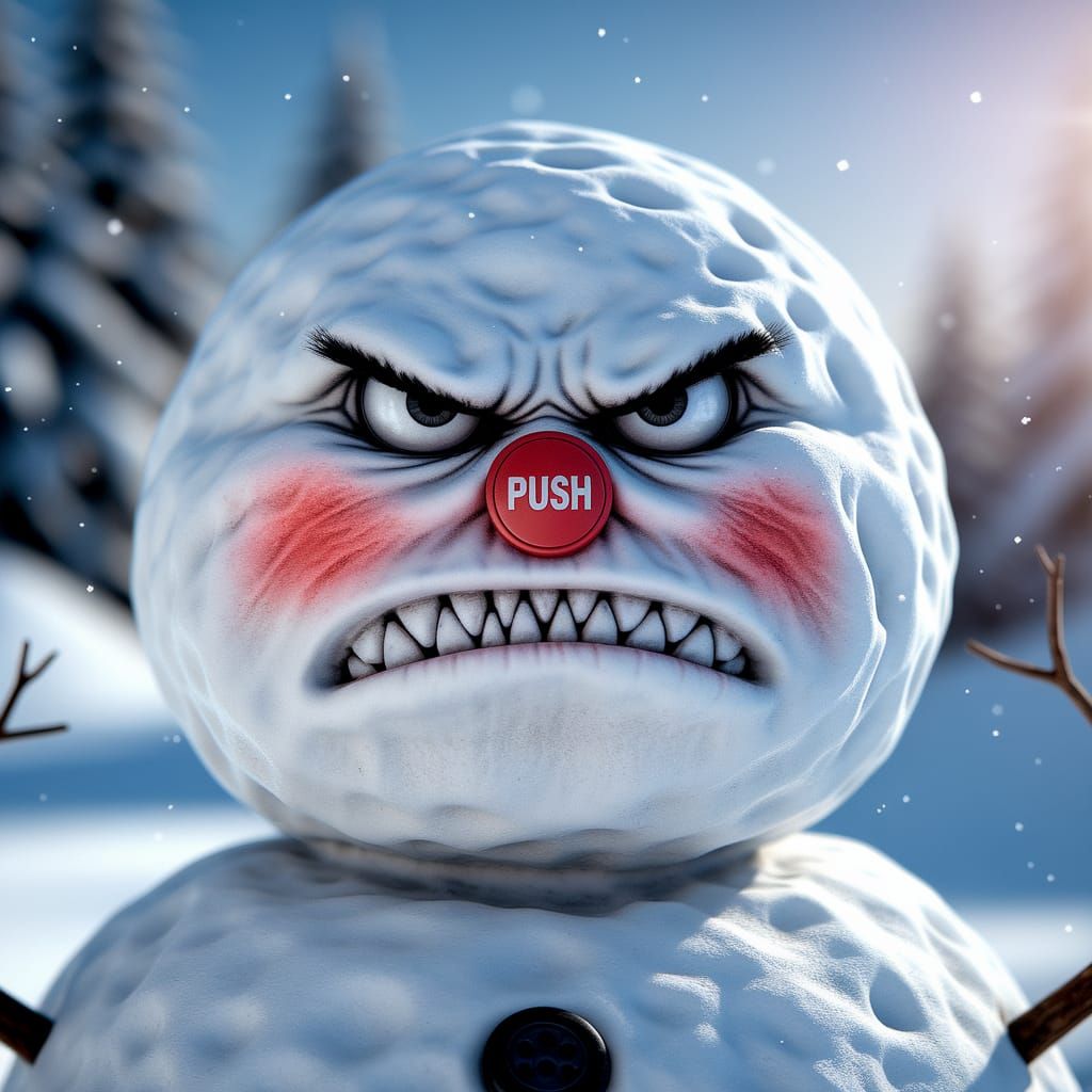 Angry Snowman with Red Button Nose