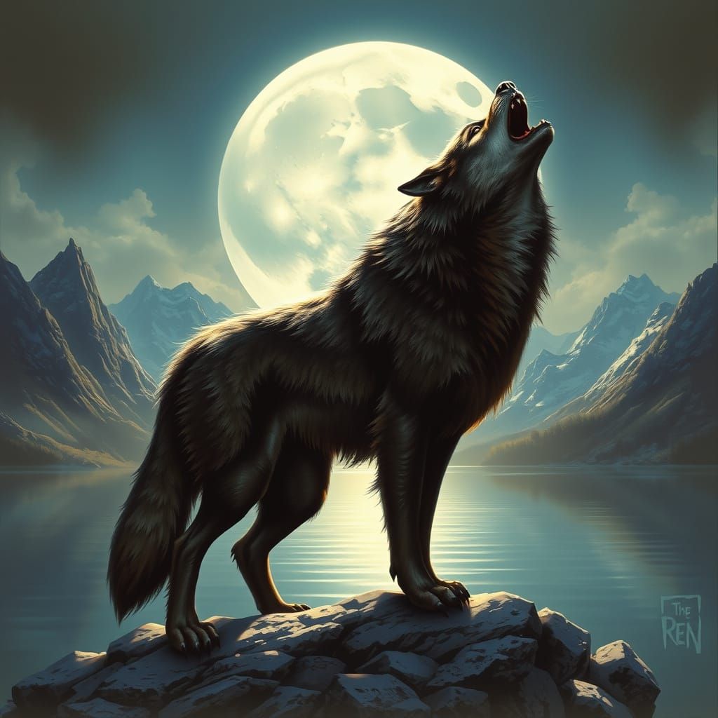 Direwolf Howling at the Moon, Fantasy Art