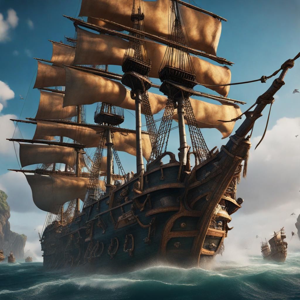 Pirate Ship in Combat: Detailed Matte Painting