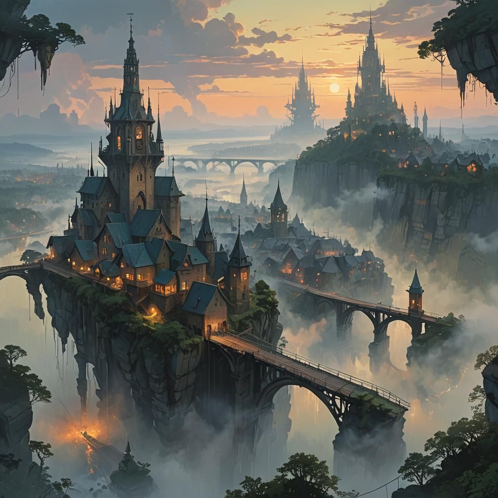 Ethereal Floating Cityscape at Dusk in Fantasy Style
