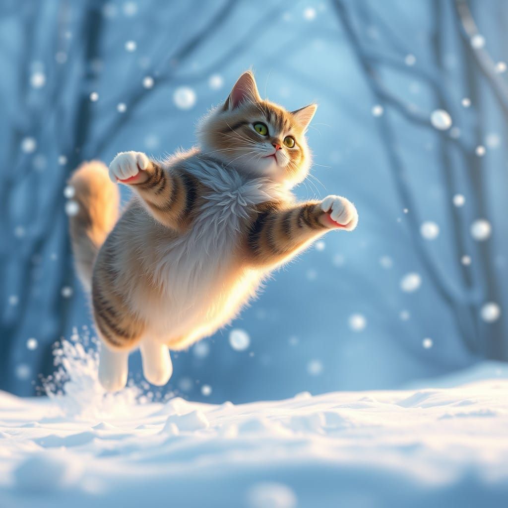 A Majestic Cat Leaps Through Winter Wonderland in Vibrant 3D...
