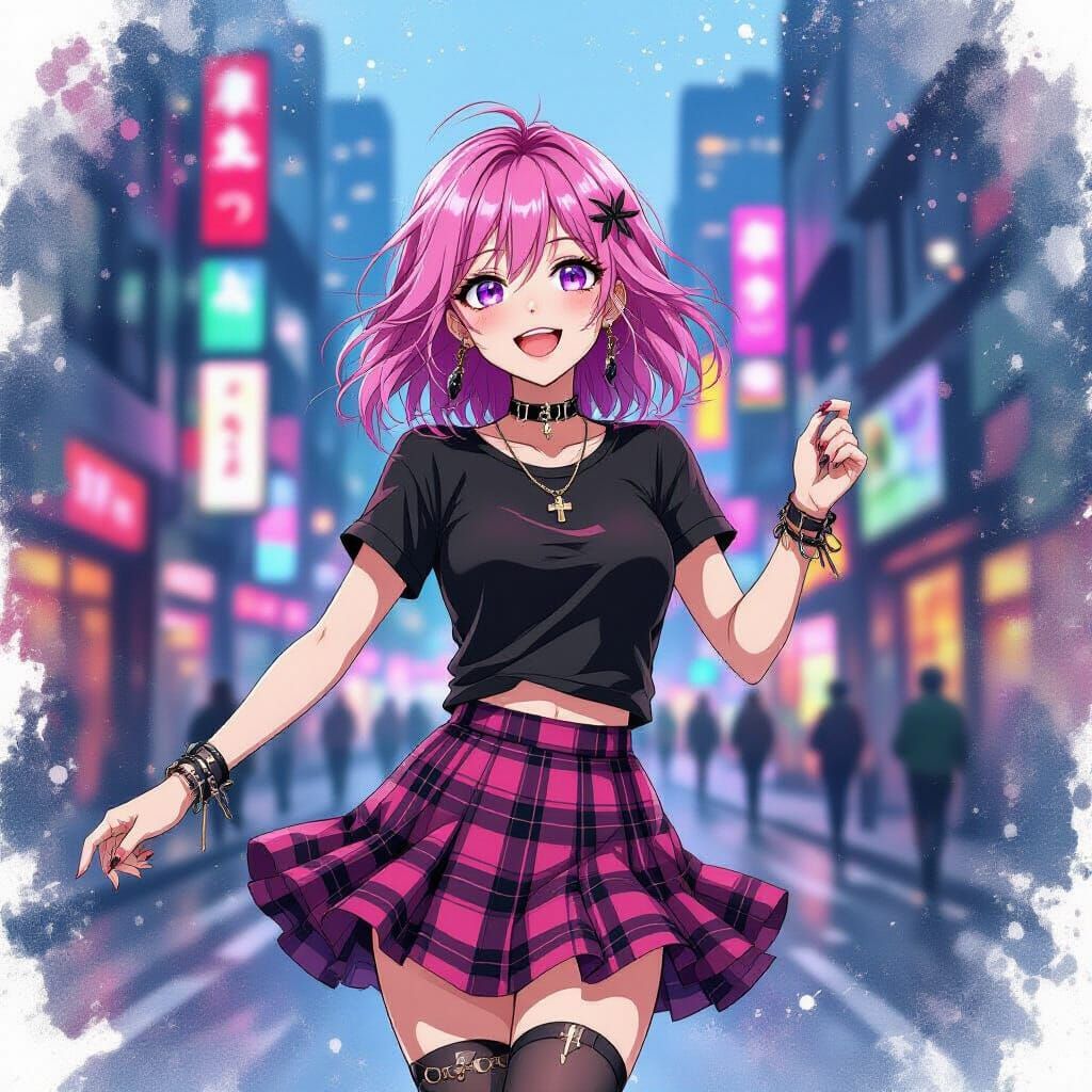 Pink-Haired Gothic Dancer in Alcohol Ink Cityscape