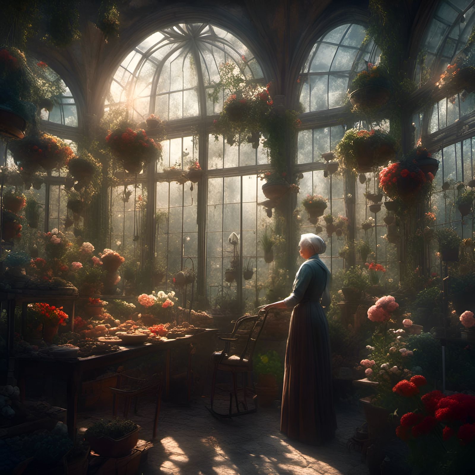 Grandmother in Greenhouse: Detailed Pencil Drawing