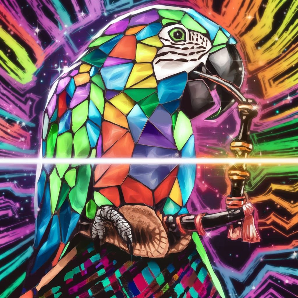 Psychedelic Stained Glass Macaw Piper in Kilt