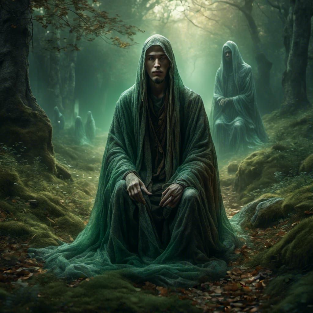 Young Druid on Forest Path in Ghostly Style