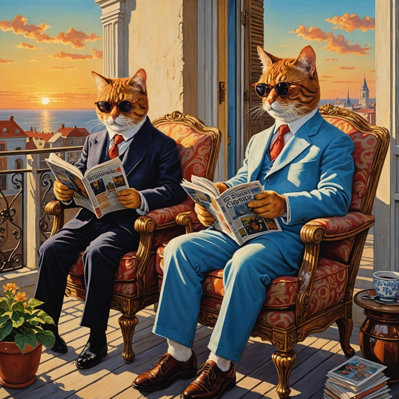 Cats' Sunset Balcony: A Hyperrealistic Scene