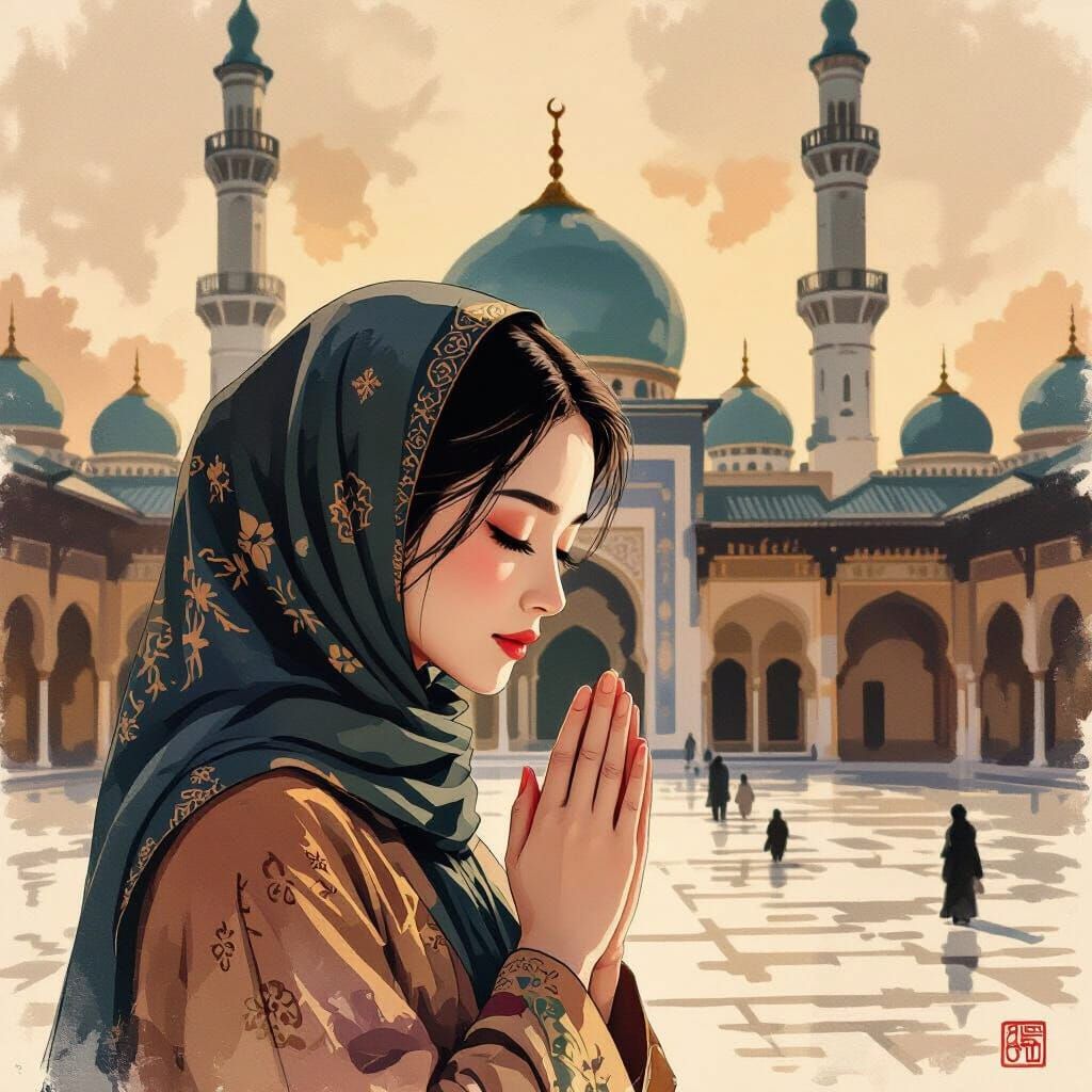Hui Woman Praying in Grand Mosque Courtyard