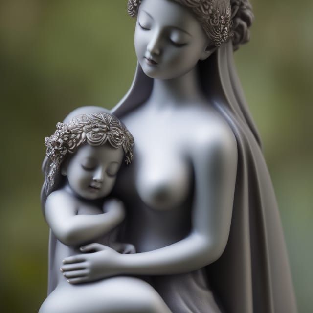 Gothic Fairy Statue Holding Baby, Detailed Digital Art