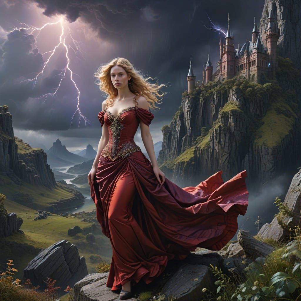 Dark Fantasy Lady in Windswept Dress on Stormy Mountain