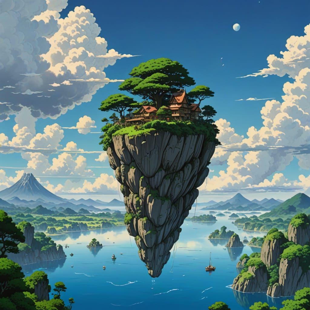Whimsical Ghibli-Inspired Floating Island Paradise