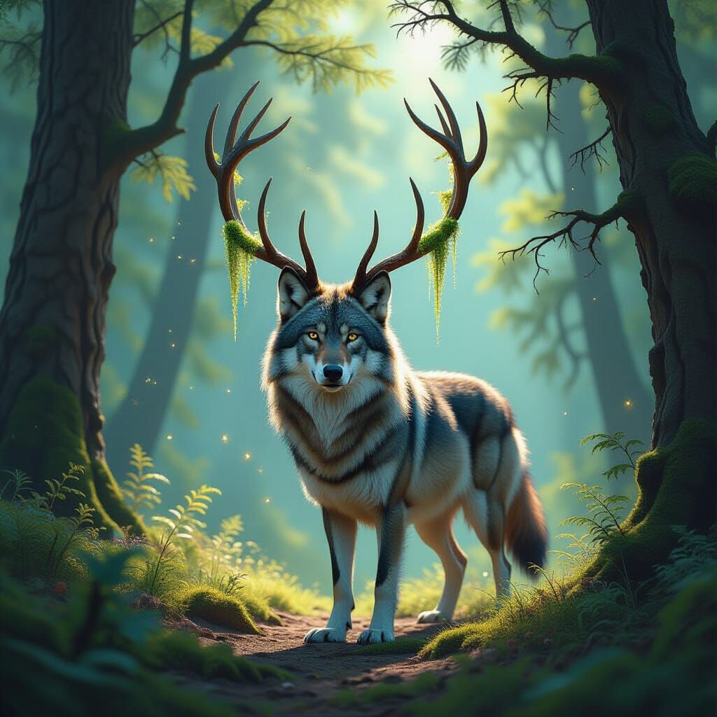 Majestic Antlered Wolf in Sunlit Forest