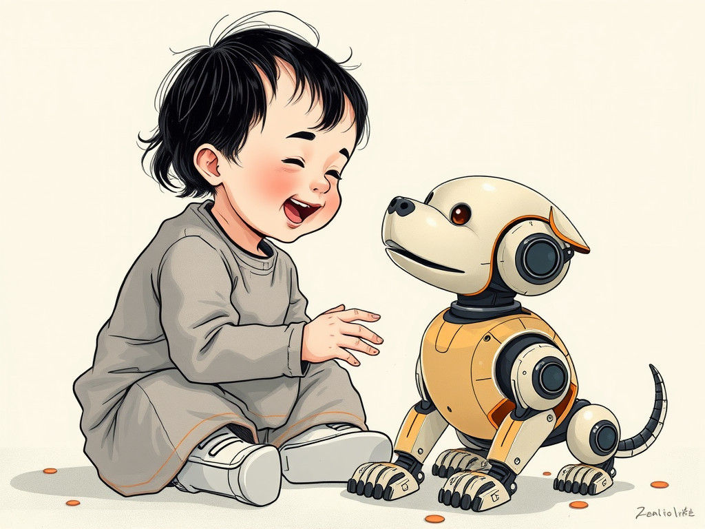 Happy Toddler Plays with Futuristic Robot Dog