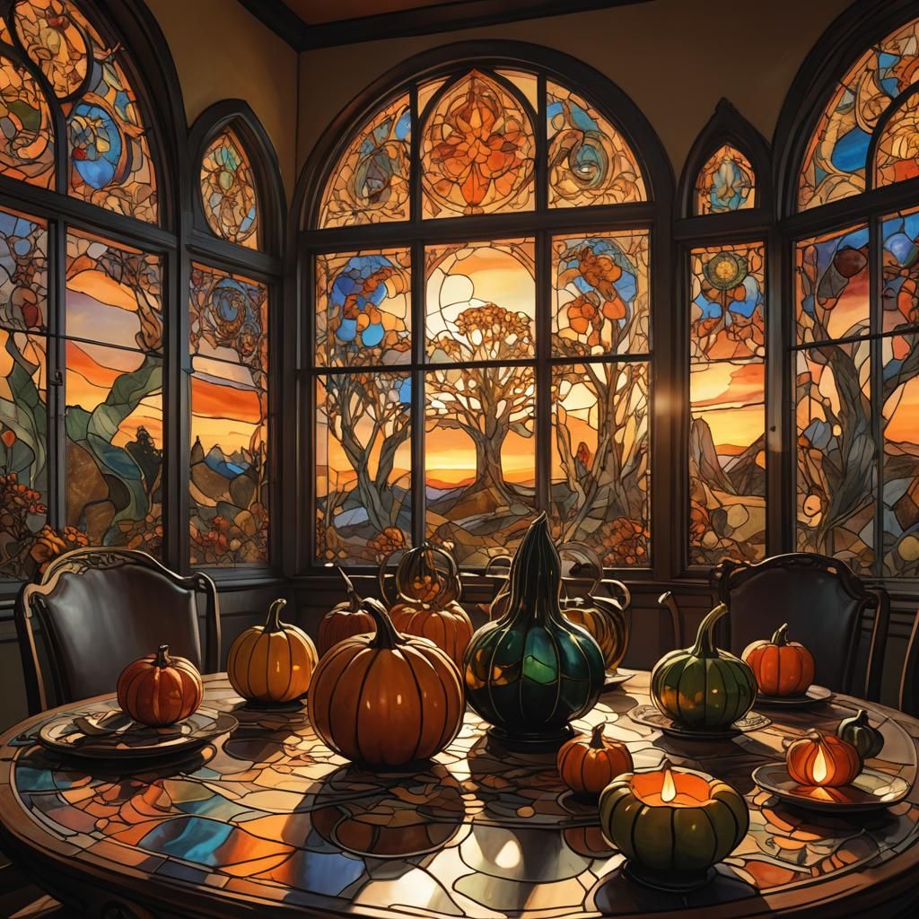 Gourds at Sunset: Stained Glass Dark Fantasy Art
