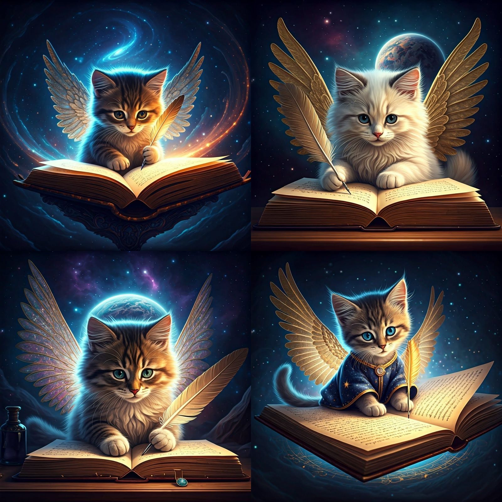 Fantastical Kitten Writer in Cosmic Dreamscape