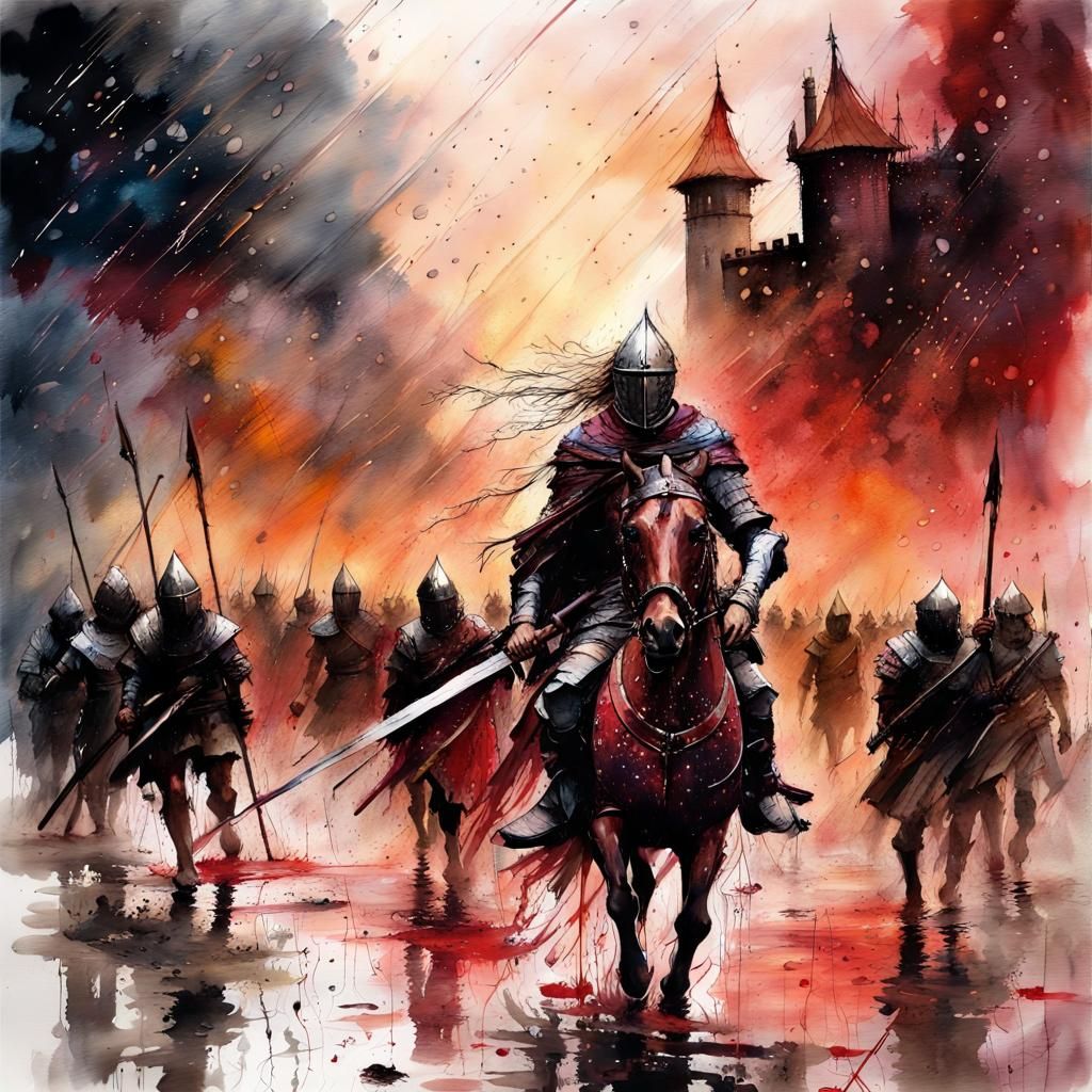 Medieval Knights Battle in Rainy Fantasy Landscape
