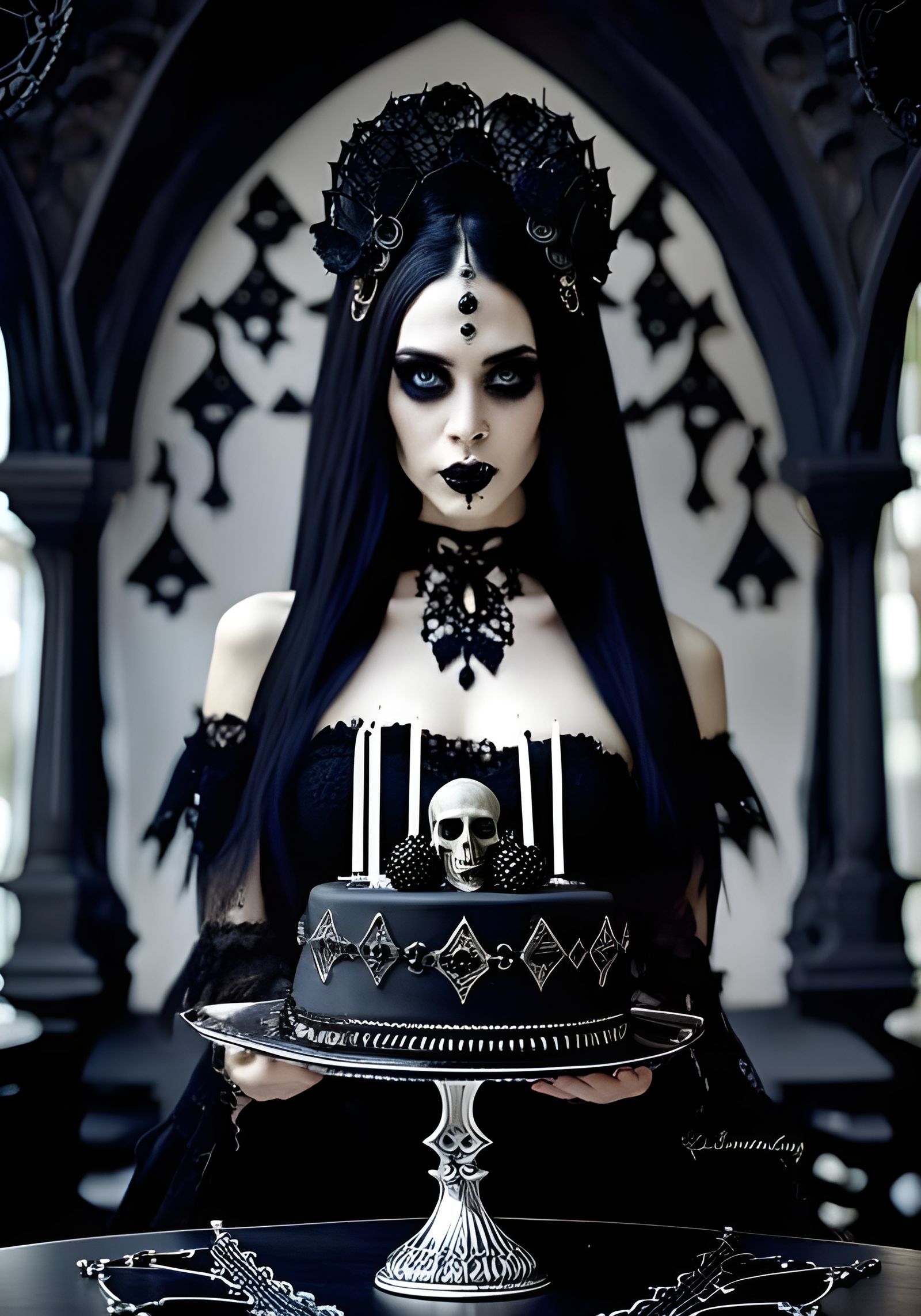 Gothic Goddess with Cake Portrait in Surreal Style