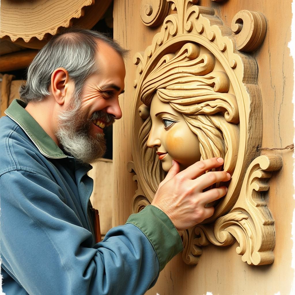 Medieval Carver Creates Wood Carving in Watercolor Style