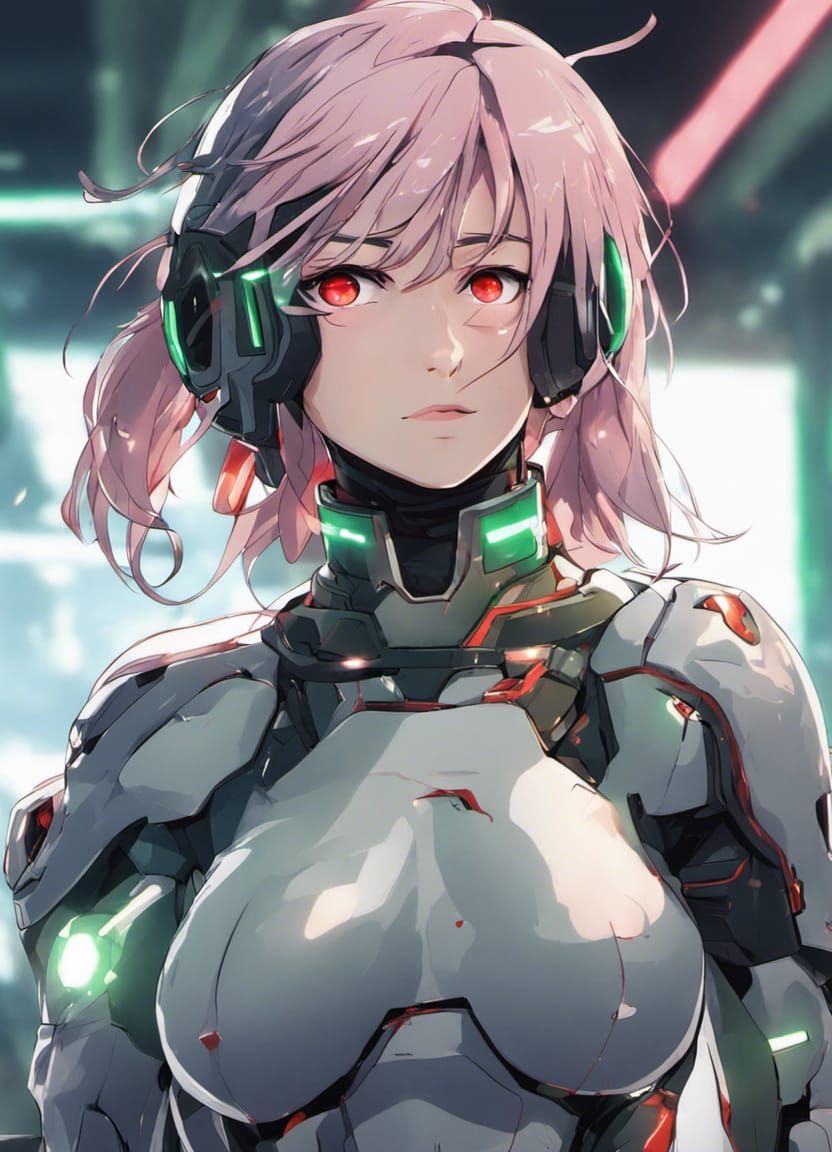 Anime Cyborg Spy with Green Hair and Crimson Eyes